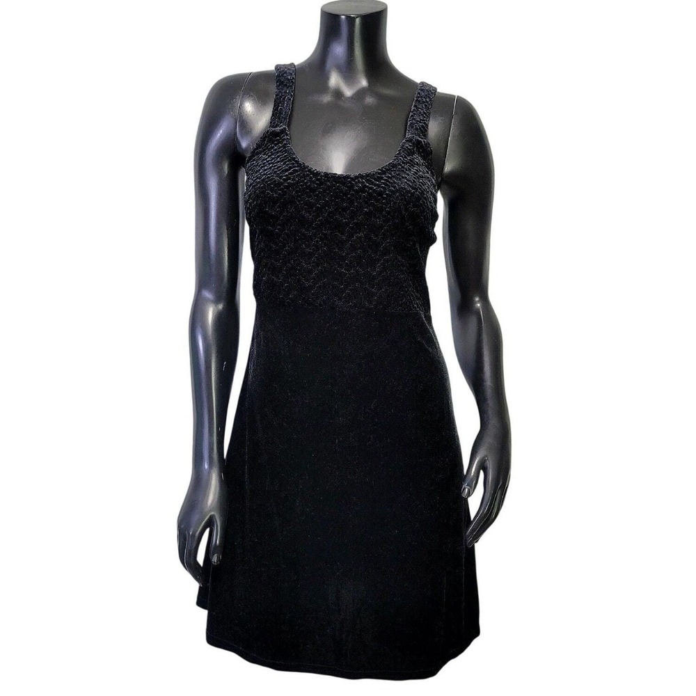 Vintage Eye Candy Black Velvet Popcorn Smocked Mini Dress 90s Goth Grunge USA S